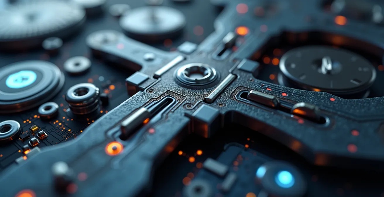 Close-up macro photo of interlocking modular components representing future technology convergence