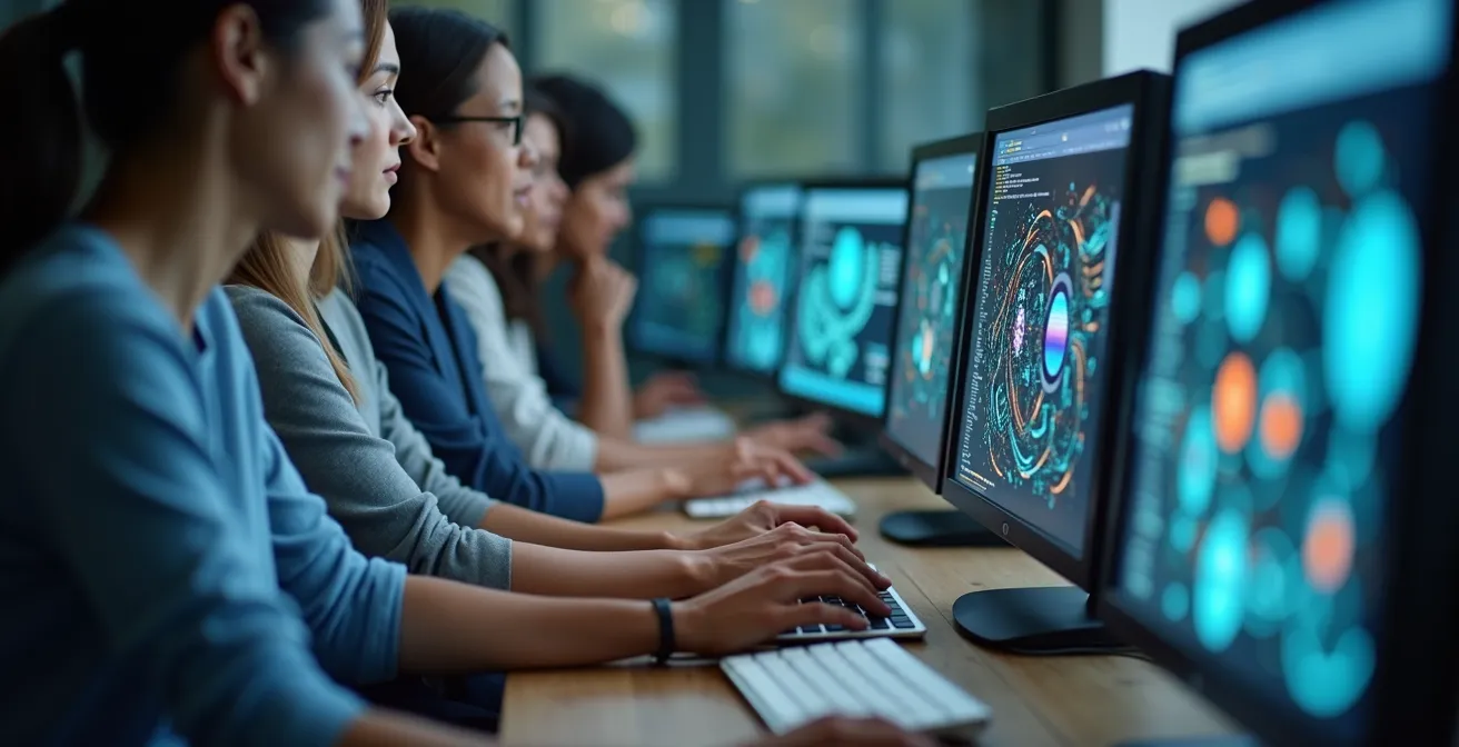 Photograph capturing diverse group collaboration around digital open architecture interfaces with natural soft light and focus on human interaction