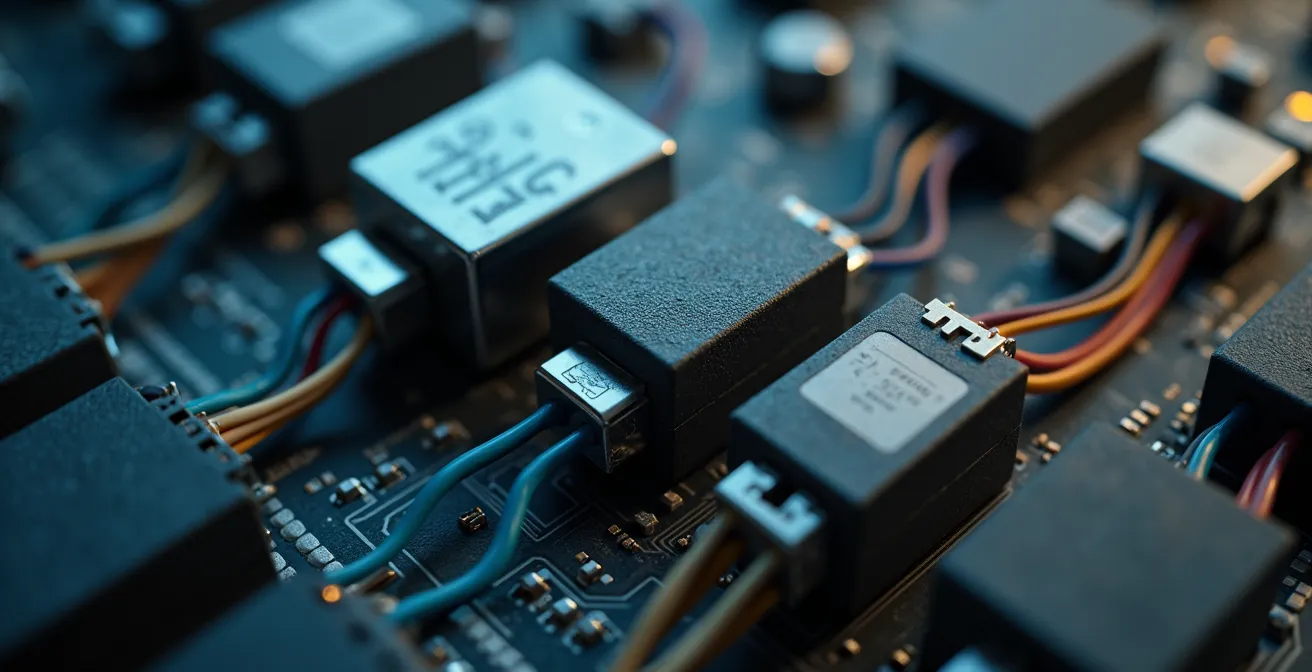 Detailed close-up photograph showing modular sensor components arranged in a clean composition emphasizing connectivity and flexibility